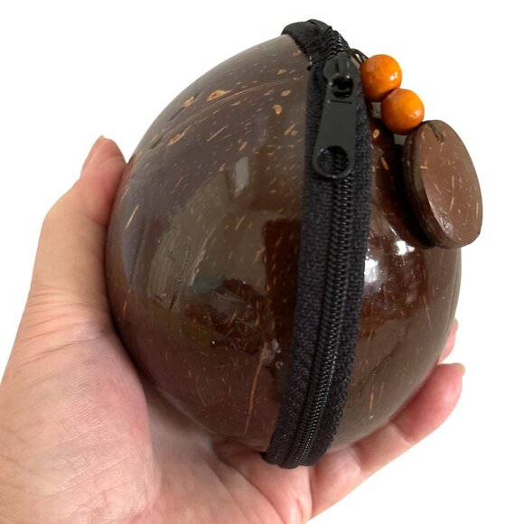 Shoulder Clutch Purse Brown Coconut Shell Carved Fish Zipper Close Lined Vintage - Picture 10 of 10